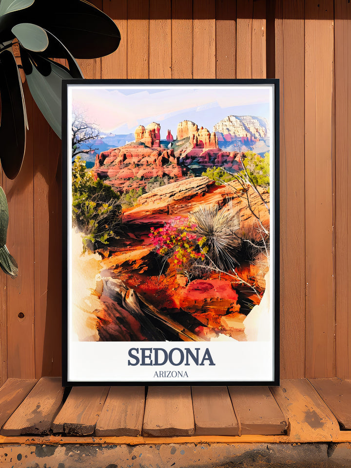 Sedona Travel Print highlighting Cathedral Rock and Bell Rock with intricate details and vivid colors ideal for traveler gifts and home decor.