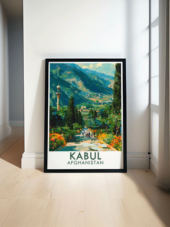 Celebrate the history and beauty of Kabul with this travel print featuring Baburs Garden. Whether for a gift or personal décor, this poster brings a piece of Afghanistans rich heritage into your living space.