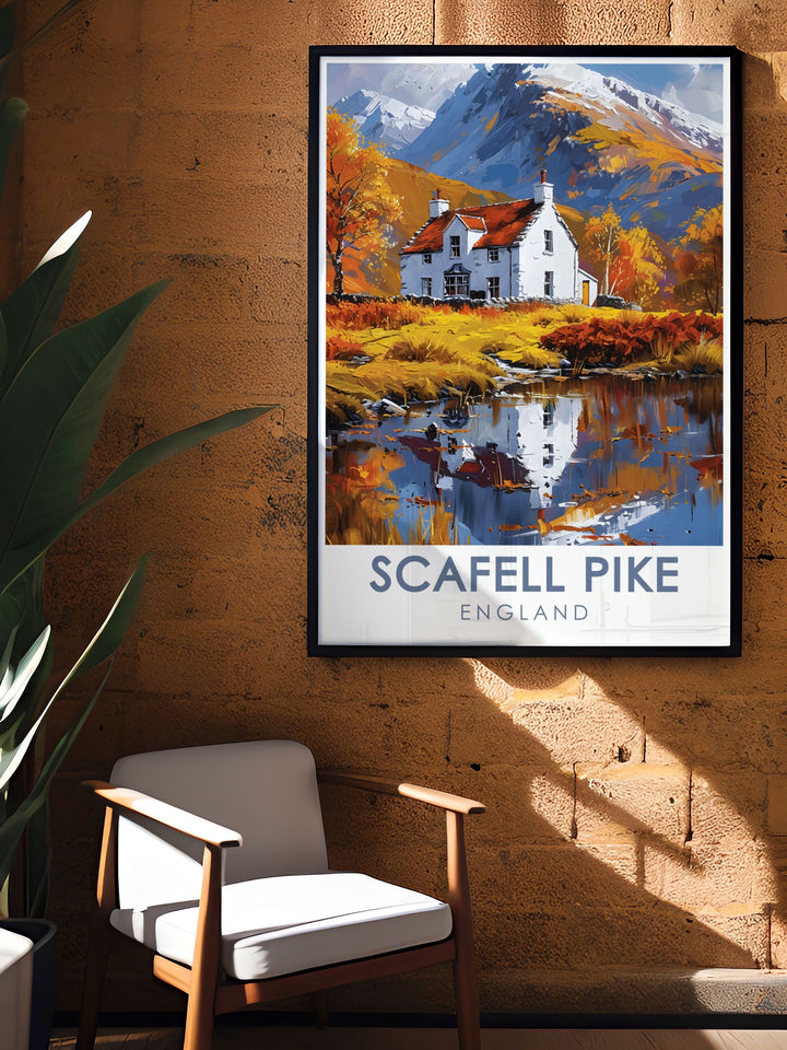 Celebrate the natural beauty of England with this Scafell Pike travel poster, perfect for nature illustration enthusiasts. The detailed artwork captures the tranquility and majesty of the Lake District.