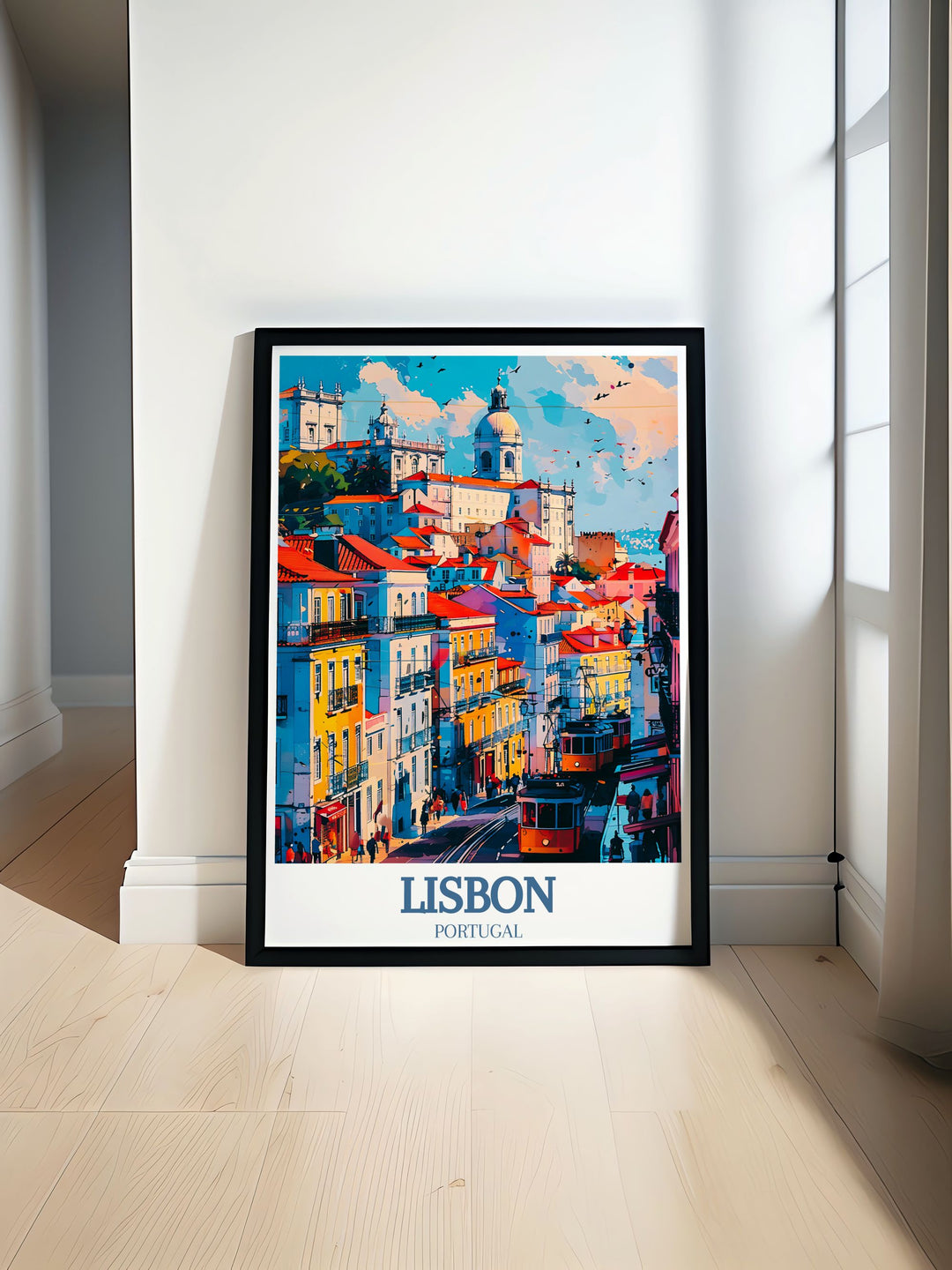 Discover the beauty of Portugal with our Chiado District Santa Justa Lift travel art perfect for adding elegance to any room with its vibrant colors and rich history captured in a stunning minimal poster