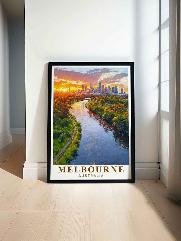 Our Melbourne Poster Print captures the lively atmosphere of the city, with the Yarra River as its focal point. Perfect for travel lovers, this framed print offers a unique way to experience Melbournes iconic scenery.