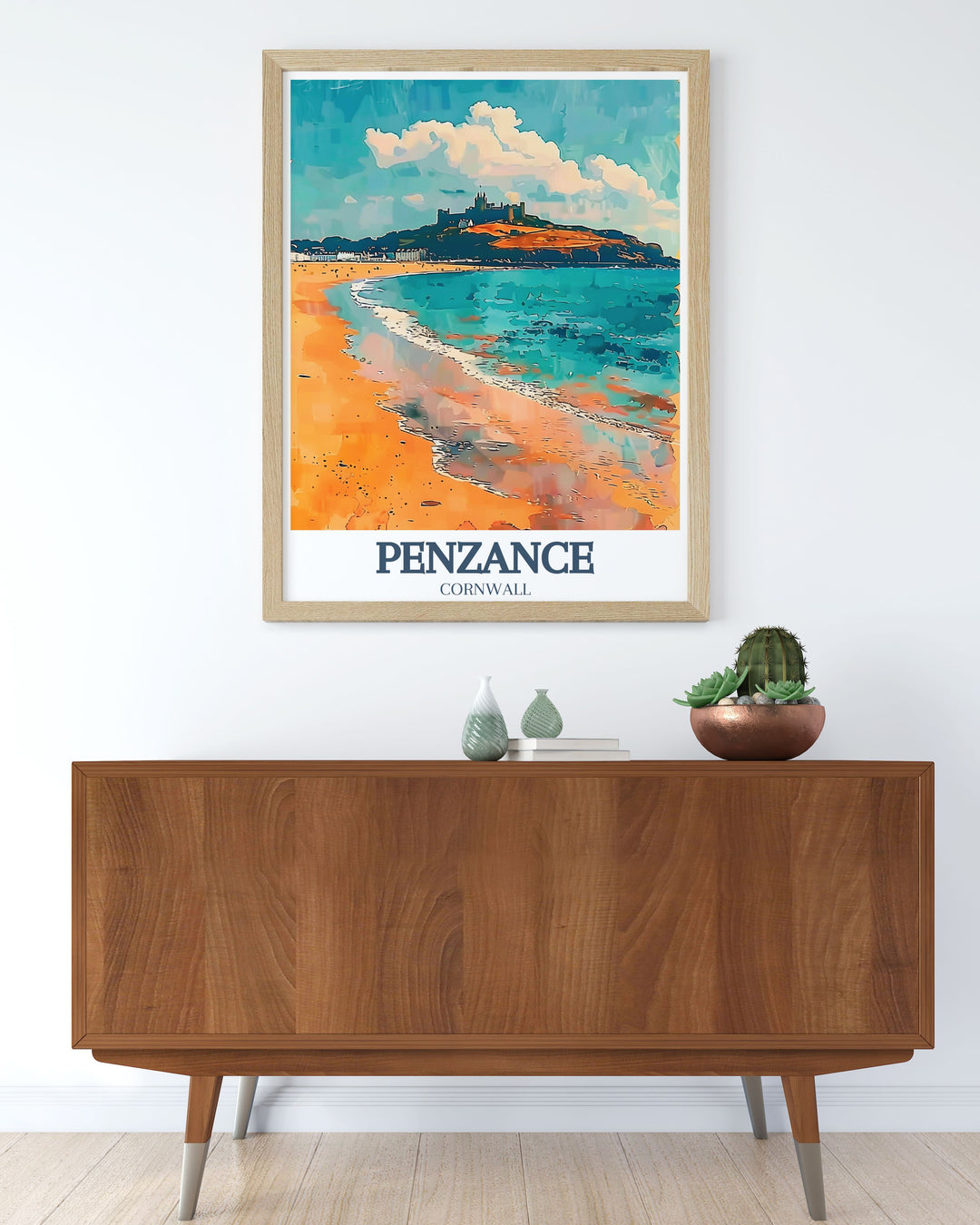 Beautifully detailed Porthleven Poster with views of Ship Inn Porthleven and the stunning Mount Bay St Michaels Mount ideal for enhancing your home with sophisticated coastal art and adding a touch of Cornish history