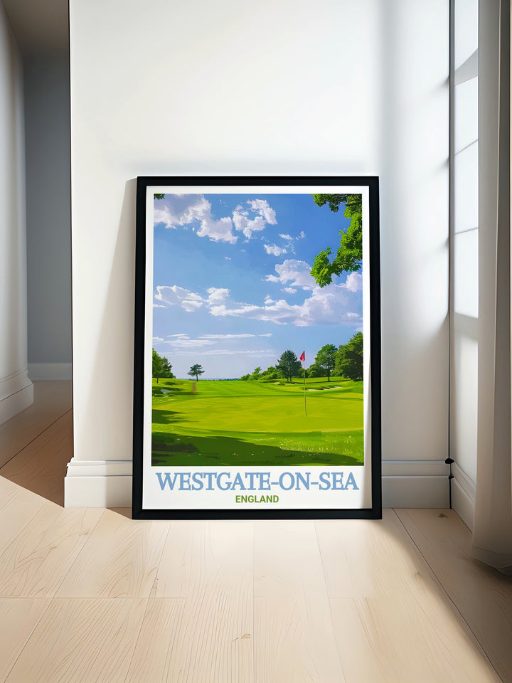 Celebrate the elegance of Kents Westgate on Sea with this beautifully designed travel print, showcasing Westgate Golf Club. Perfect for those who love coastal landscapes, this Kent wall art offers a tranquil addition to any living space.