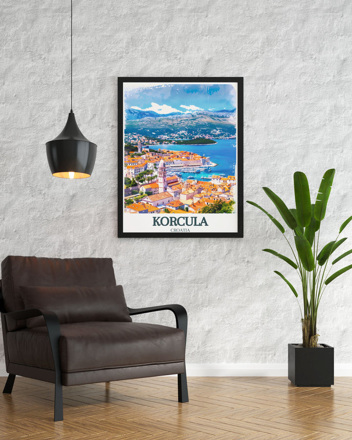 Stunning Korcula wall decor with St. Marks Cathedral and Adriatic Sea captures the charm of Croatias coastline. This travel art print is a wonderful gift idea for those who love exploring Europe and admiring historical landmarks.