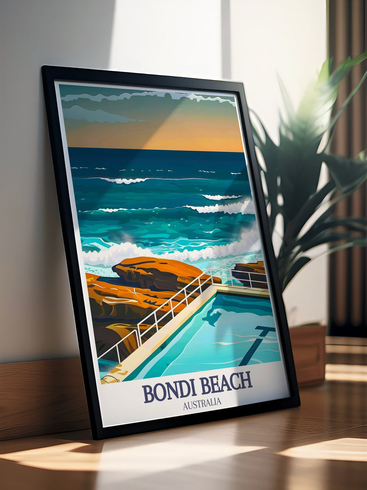 Detailed Sydney illustration of the Harbour Bridge and Sydney Opera House. Bondi Icebergs pool Bondi digital print offering a modern art depiction of the famous beach. Ideal for enhancing your home decor and celebrating the beauty of Australia.