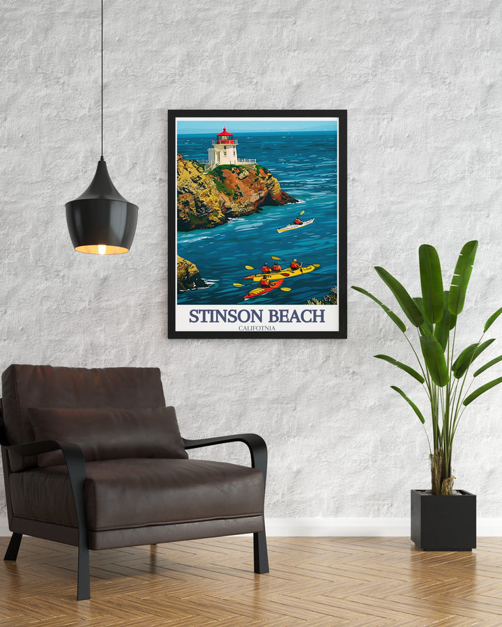 This travel print of Stinson Beach along Californias Pacific coast captures the serene beauty of the golden sands and vast ocean views. The artwork highlights the natural beauty of Marin Countys shoreline, making it a perfect addition to any coastal decor collection or beach wall art.