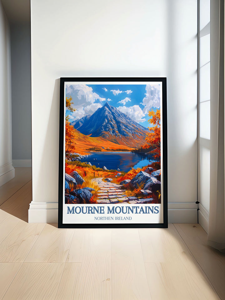 This travel poster beautifully depicts the dynamic landscapes and charming villages of the Mourne Mountains, ideal for adding a touch of Irish heritage to any room.