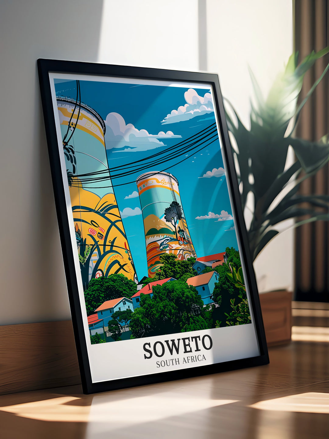 Bungee Jumping Wall Decor highlighting the thrilling experience at Orlando Towers, Soweto, with its iconic murals and towering height, offering a unique piece of art that embodies the spirit of adventure and South African culture.