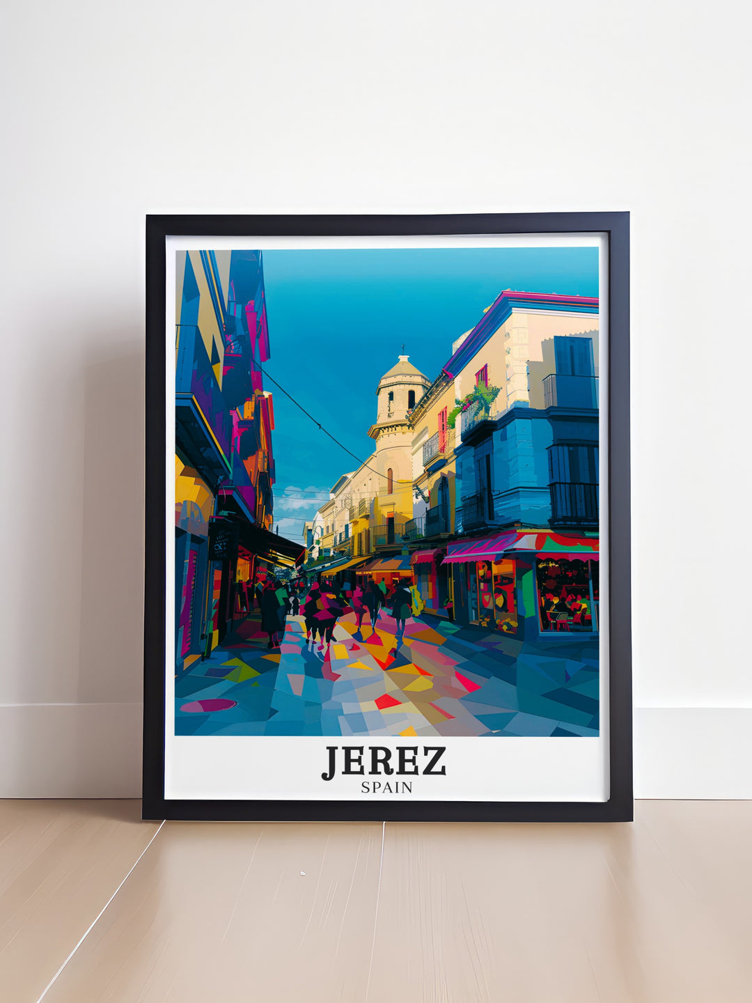 Jerez travel poster offering a vivid portrayal of Calle Largas bustling streets and historic buildings. This art print brings the essence of Andalusias lively urban life into your home, perfect for lovers of Spanish culture.