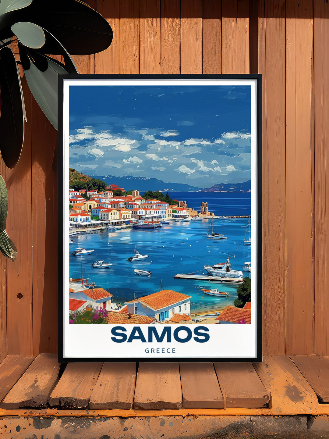 Featuring the town of Pythagoreio, this Samos travel print highlights one of Greeces most scenic islands. The combination of historical landmarks and stunning coastlines makes this artwork a great gift for anyone who loves Greece.