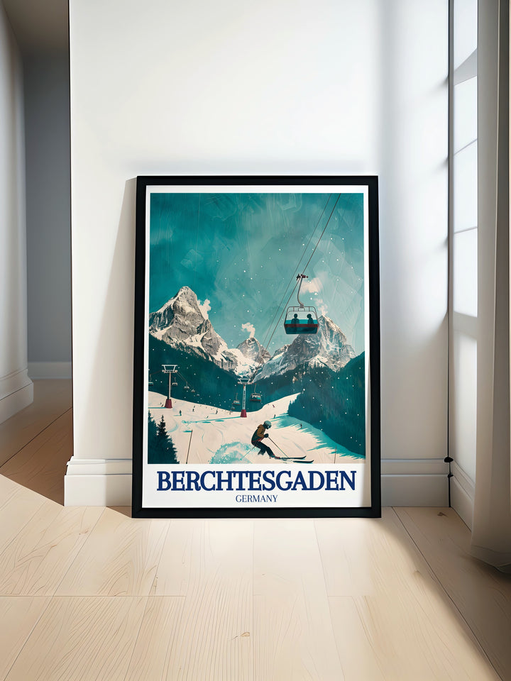 This Berchtesgaden art print captures the essence of Germanys stunning Bavarian Alps, featuring views of Königssee and Jennerbahn. Perfect for decorating any room, it brings the beauty of outdoor adventures and serene landscapes to life, ideal for travel lovers.