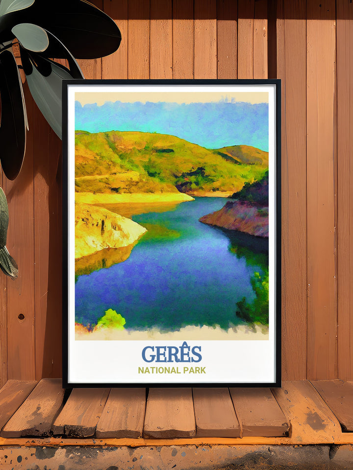 Bring the serenity of Vilarinho das Furnas Dam and Reservoir in Geres National Park into your home with this beautiful wall art ideal for nature and history enthusiasts this national park poster adds a calming and elegant touch to any living space with its detailed depiction of Portugals wilderness