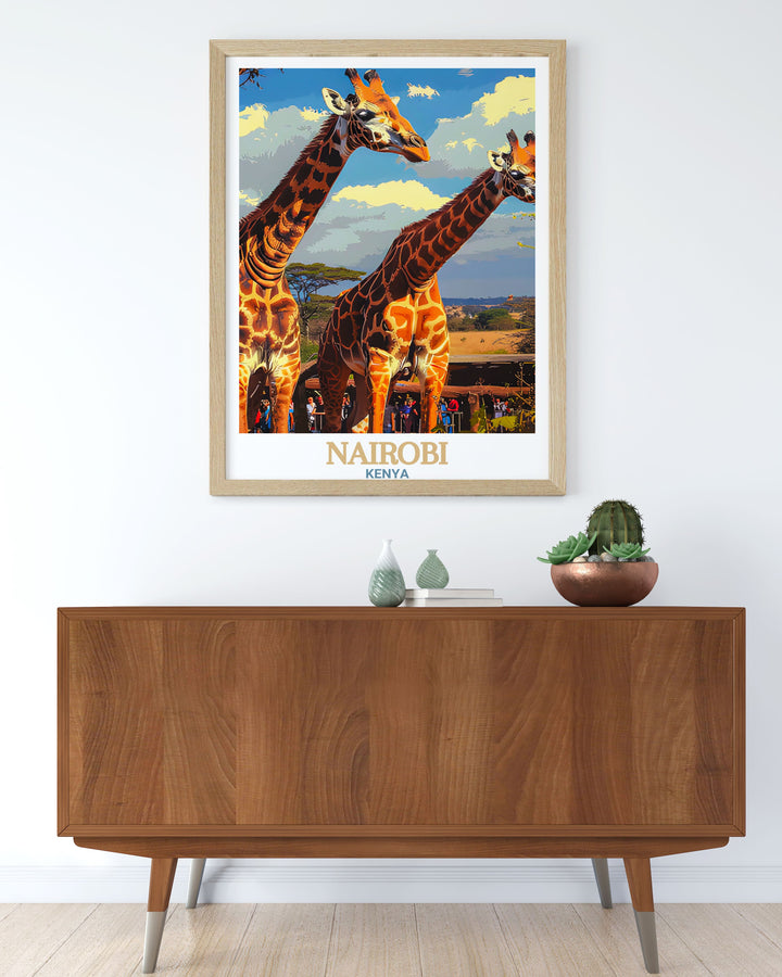 Beautiful Nairobi poster capturing the essence of Kenyas capital city from bustling markets to serene parks including elegant art pieces from the Giraffe Centre perfect for modern home decor