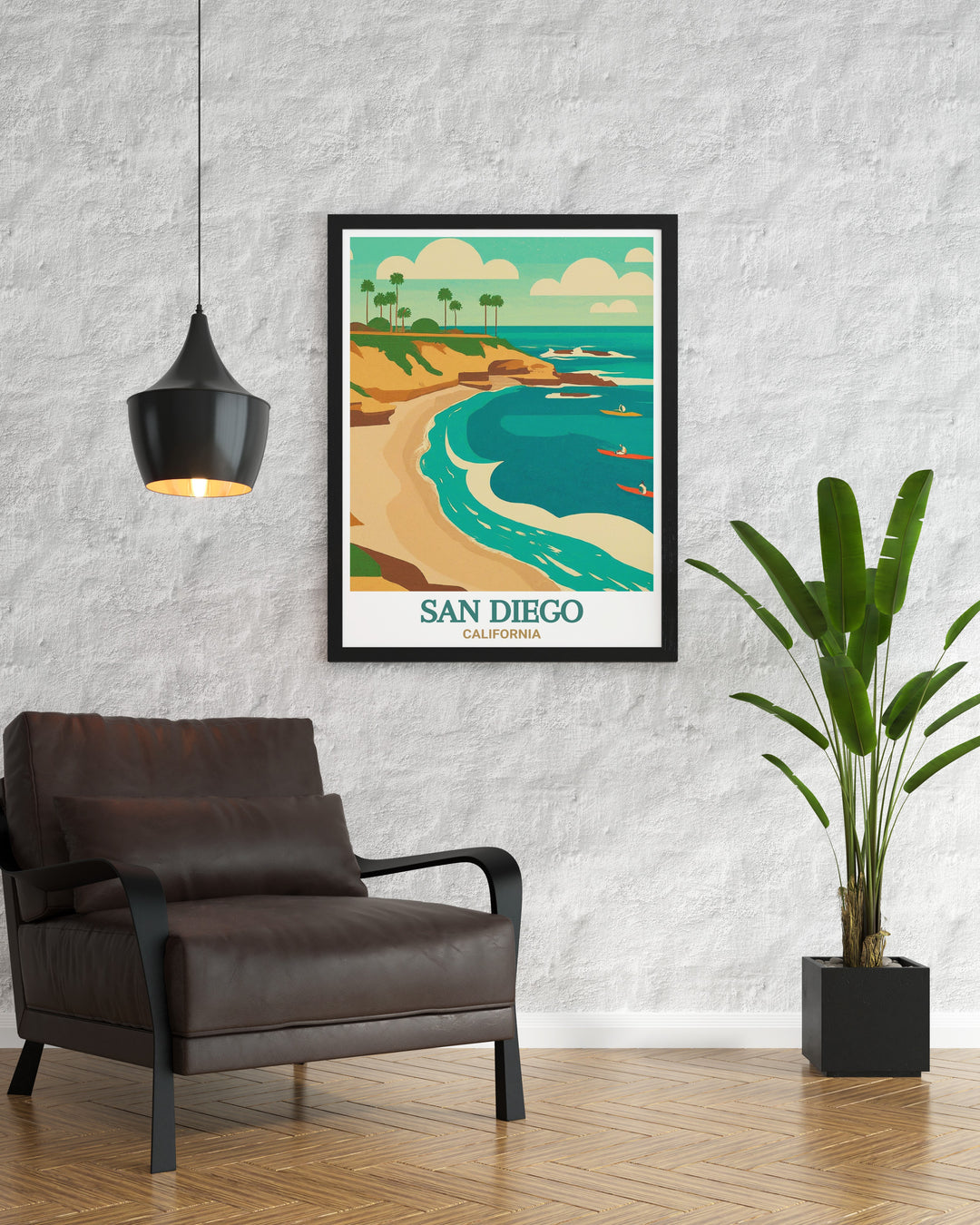 Art print of La Jolla Cove, showcasing the pristine waters and rugged cliffs that make this San Diego location a favorite among locals and tourists alike. A must have for fans of Californias natural wonders.