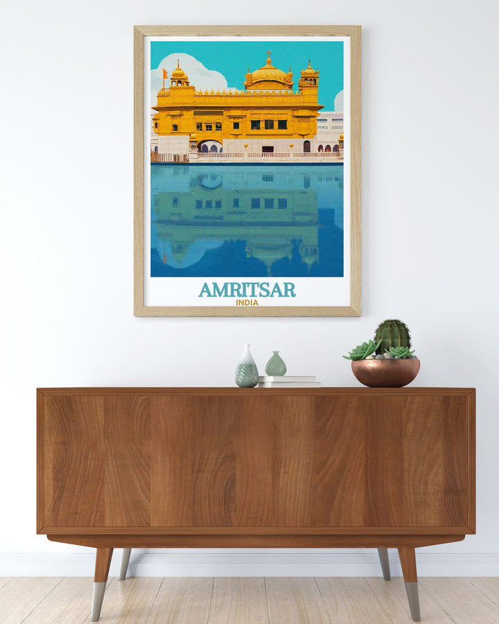 This India travel poster captures the essence of Amritsars Golden Temple, reflecting the spiritual importance of this sacred landmark. Ideal for history buffs, travelers, and art enthusiasts alike, this wall art adds a touch of Indian tradition to any room.