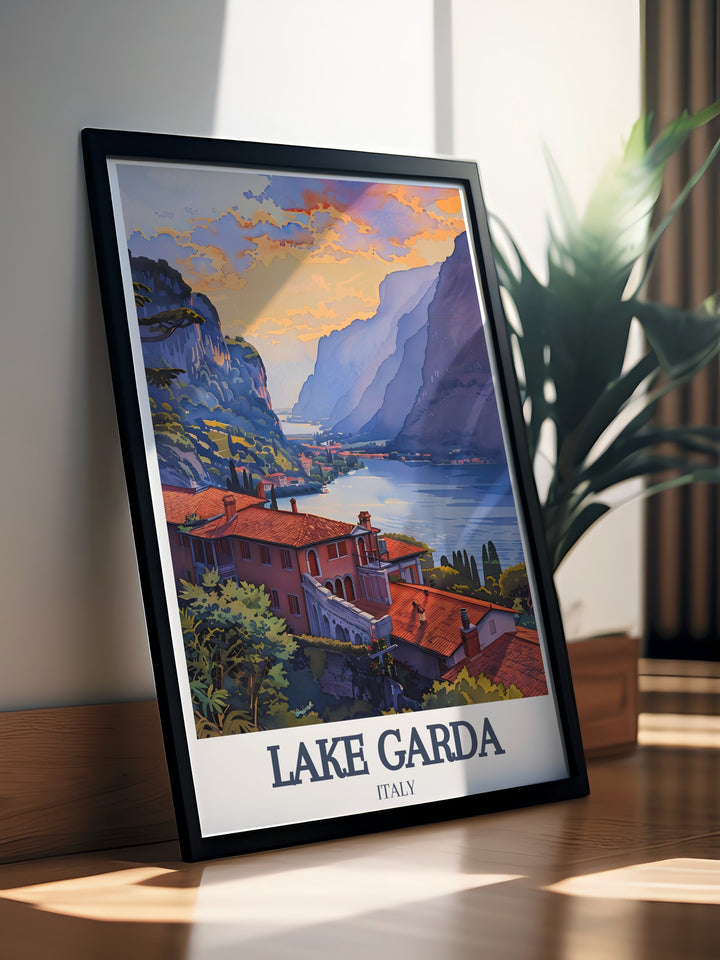 Lake Garda artwork showcasing Isola del Garda and Garda town bringing Italys charm into your living space. This Italy poster is an ideal Italy travel gift and wall decor for birthdays anniversaries and special moments with your loved ones.