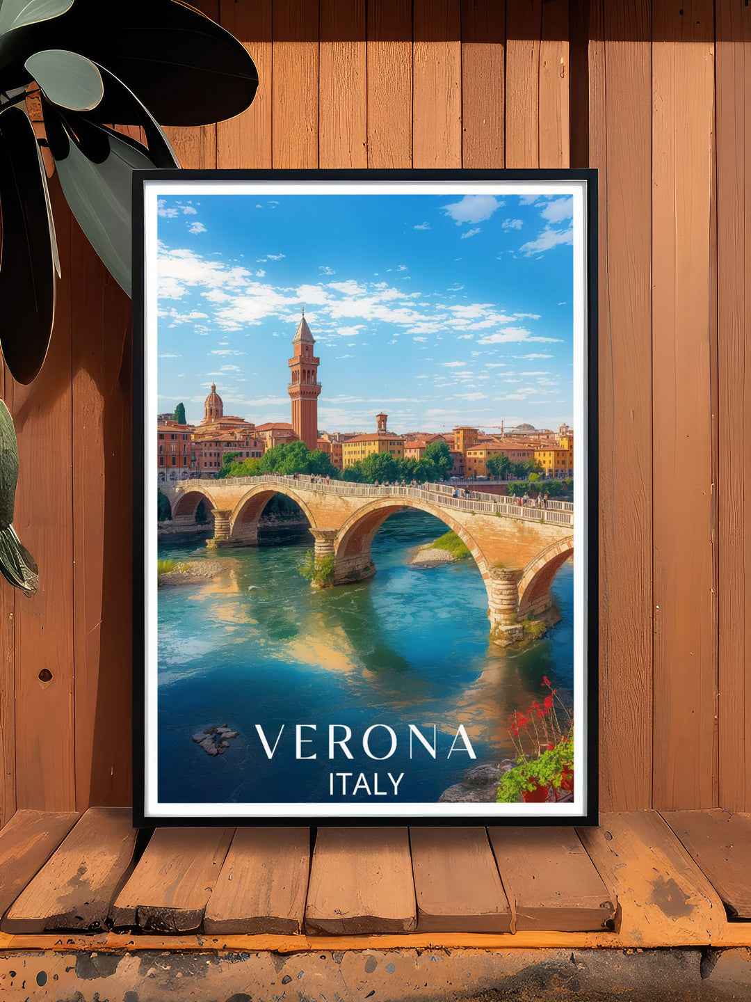 Detailed Verona poster featuring Ponte Pietra offering a glimpse into the rich cultural heritage of Italy perfect for enhancing any wall with the elegance and historical significance of this ancient Roman bridge.
