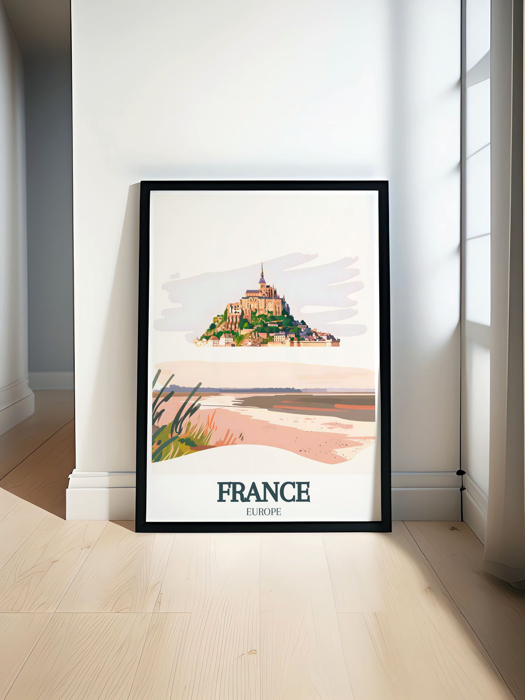 Mont Saint Michel Bay modern print capturing the dramatic beauty of the iconic landmark and its stunning surroundings perfect for elegant home decor