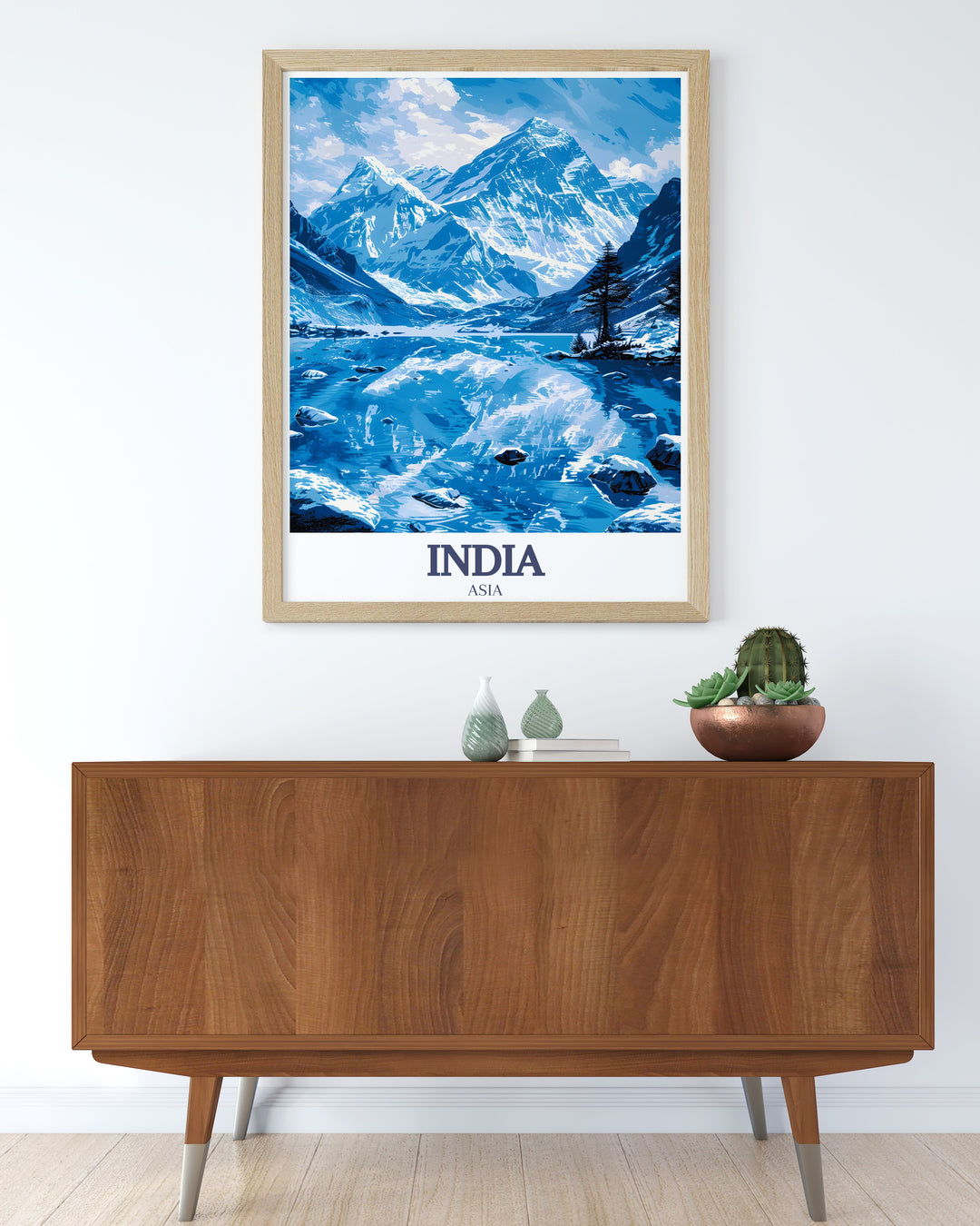 This travel poster showcases the splendor of Indias Taj Mahal, the Himalayas, and Mount Everest in one artistic frame. A perfect gift for anyone who appreciates the beauty of global landmarks and historical architecture.