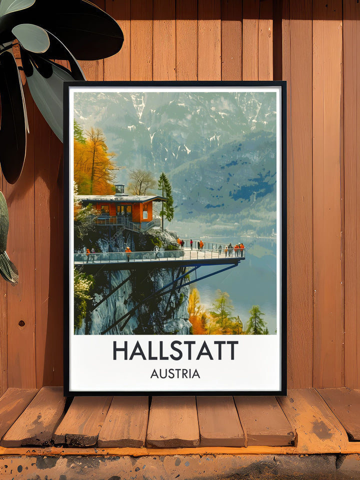 Highlighting the scenic beauty of Hallstatt, this travel poster captures the essence of its tranquil setting and inviting atmosphere, ideal for those who appreciate Austrias charm.