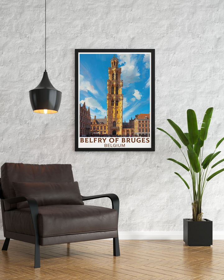 Stunning Belfry of Bruges prints showcasing the historic tower in Bruges, Belgium. These prints are perfect for those who appreciate travel art and historic landmarks, offering a timeless addition to any home or office.