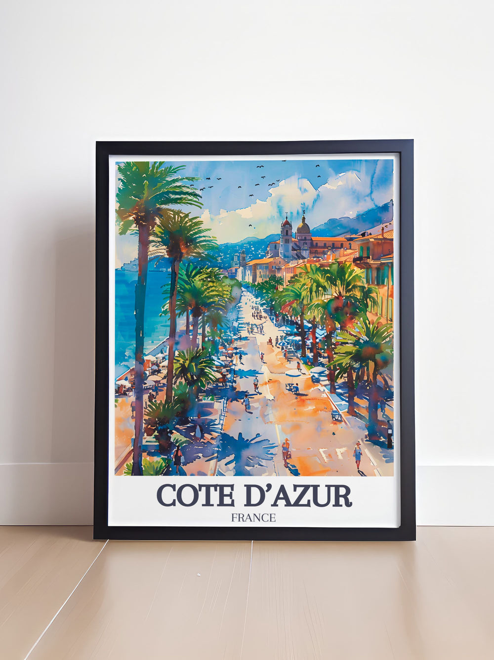 Discover the charm of the Promenade des Anglais with this Côte dAzur travel print, highlighting Nices picturesque seafront. This canvas art makes an ideal addition to any room or a thoughtful gift for lovers of French culture and coastal landscapes.