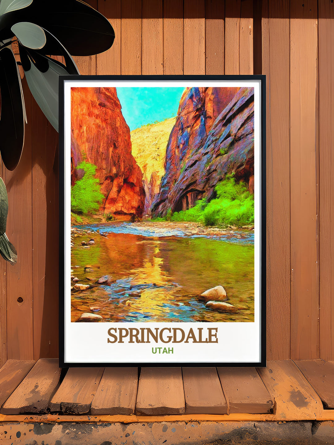 A captivating print of The Narrows in Zion National Park, paired with the charming town of Springdale, Utah. The artwork captures the dramatic landscapes and natural beauty of the region, making it an ideal piece for home decor. Whether as a keepsake or a gift, this print celebrates the spirit of adventure and the American Southwest.