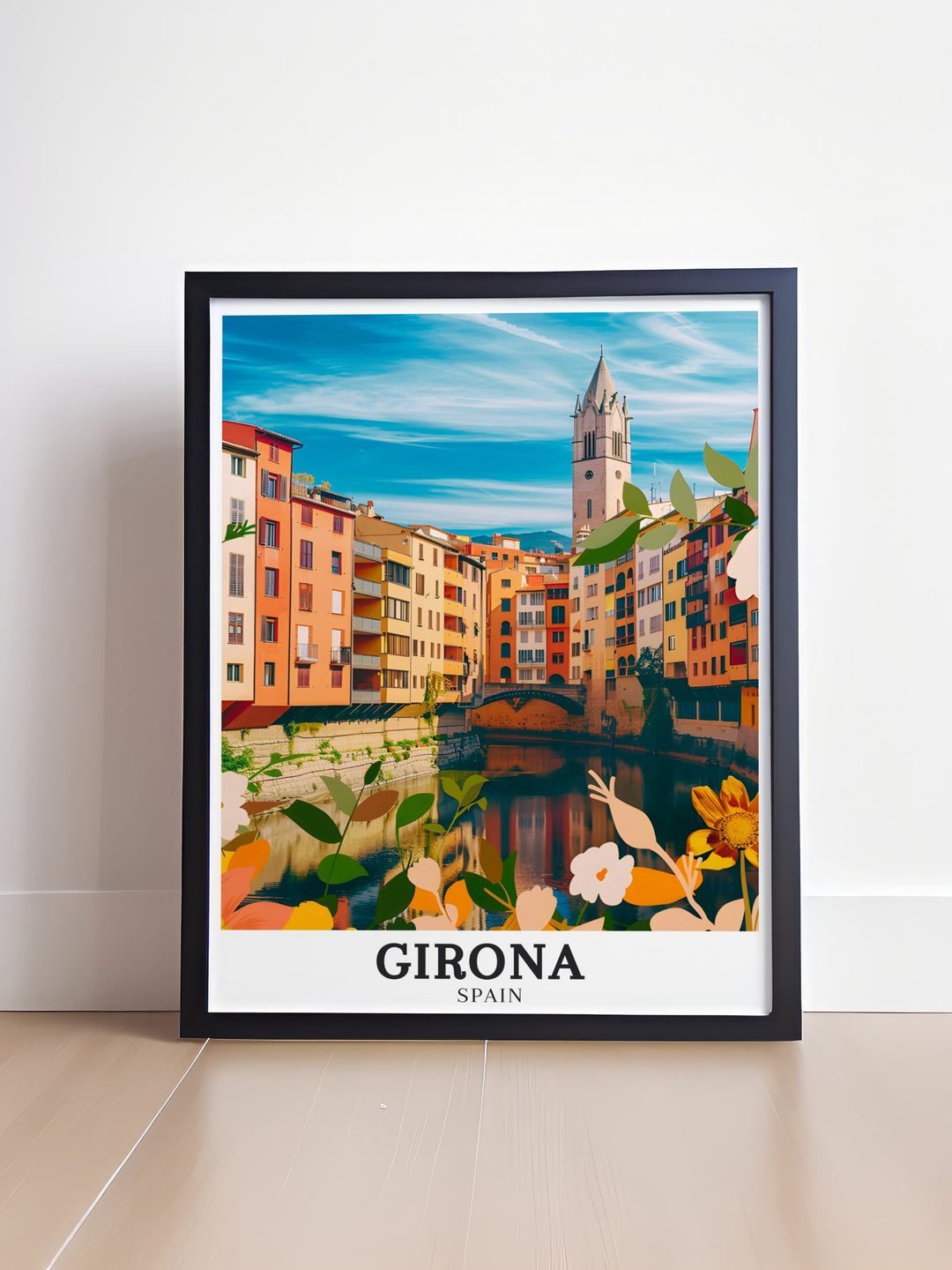 Vibrant Girona wall art featuring the Basílica of San Feliu and the Onyar River in Spain. This Spain artwork captures the harmony between the ancient architecture and the vibrant riverbank, ideal for those who appreciate Spains rich history and want to bring a piece of Girona into their home