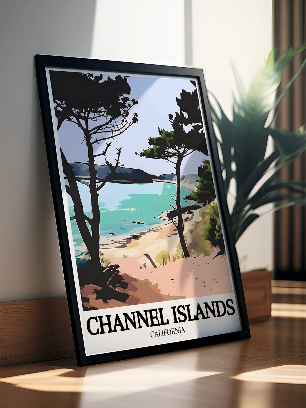 Retro wall art showcasing Santa Cruz Island, Painted Cave sea cave and the iconic Arch Rock California ideal for home decor and National Park enthusiasts looking to bring a touch of adventure into their space.
