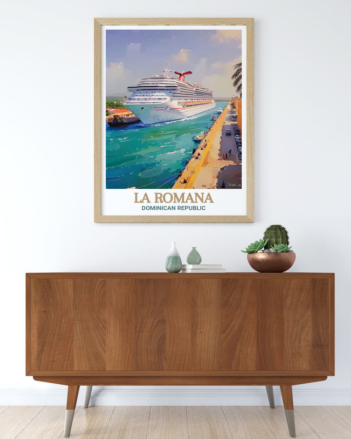 The dynamic life of La Romana Port, where culture and nature meet, is vividly brought to life in this Caribbean travel poster, perfect for adding energy to your home.