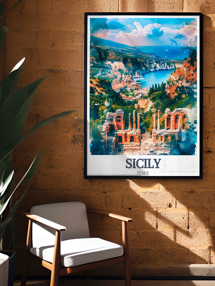 This vibrant Sicily travel print showcases the iconic Valley of the Temples and Teatro Antico di Taormina. Perfect for home décor, it celebrates the beauty and history of Sicilys ancient landmarks.