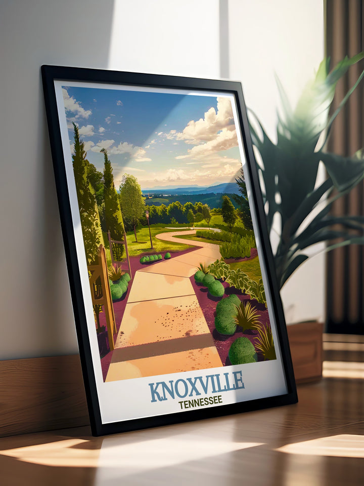 Detailed Knoxville art print showcasing the Knoxville Botanical Garden with vibrant flowers, serene walking paths, and scenic views. This travel print is ideal for anyone wanting to bring the essence of Tennessees natural landscapes into their home décor.