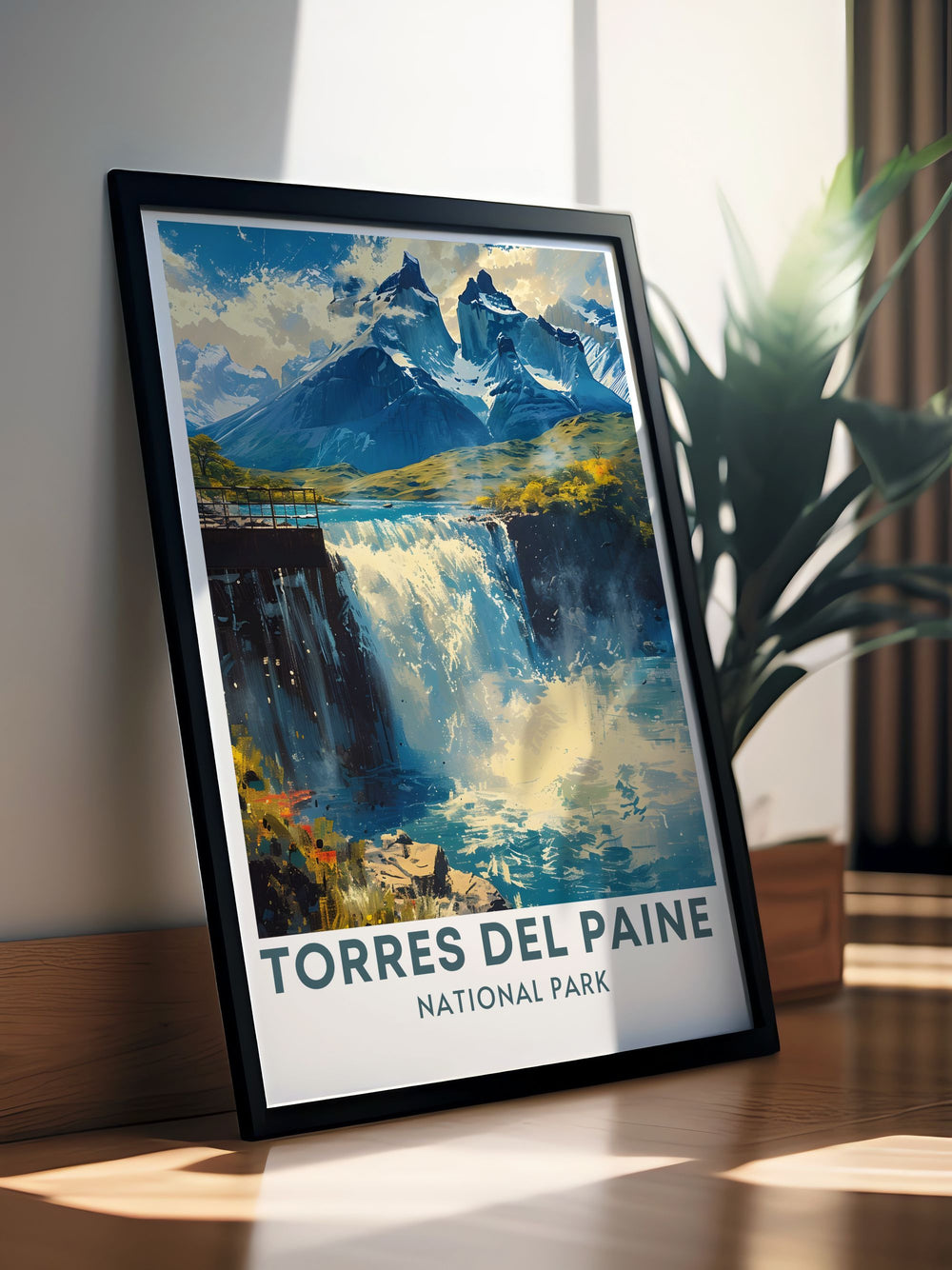 Retro travel poster featuring Salto Grande in Torres Del Paine National Park Patagonia Chile. This South America poster adds a touch of adventure and natural beauty to your home decor with its vibrant colors and intricate details.