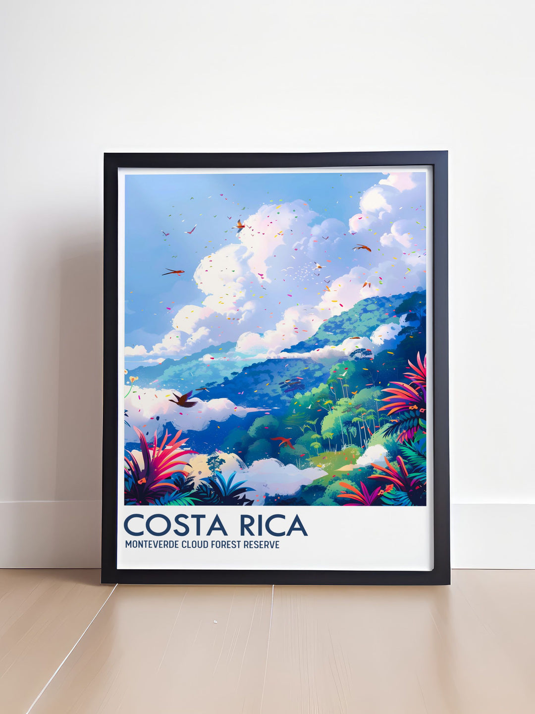 Relive your adventures in Monteverde Cloud Forest Reserve with this stunning travel poster. Featuring the reserves vibrant flora and fauna, this high quality art print captures the essence of Costa Ricas tropical landscapes. Perfect for adding a touch of natural beauty to your home decor or as a gift for nature lovers.