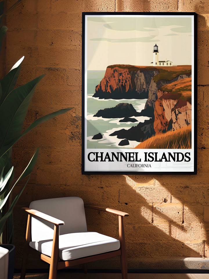 USA travel print of Anacapa Island, Anacapa lighthouse capturing the natural beauty and historical significance of Californias coastline a must have for retro wall art enthusiasts.