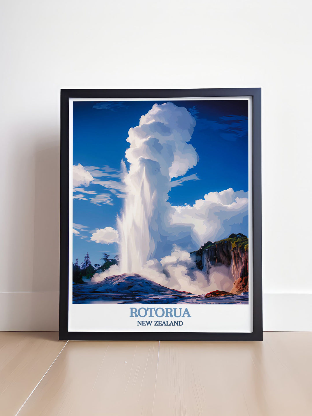 Serene Te Puia wall art depicting the dynamic geothermal activity and lush landscapes of Rotorua New Zealand. Ideal for creating a calming and inspiring environment in any space. This artwork beautifully represents Te PuiaS natural beauty.