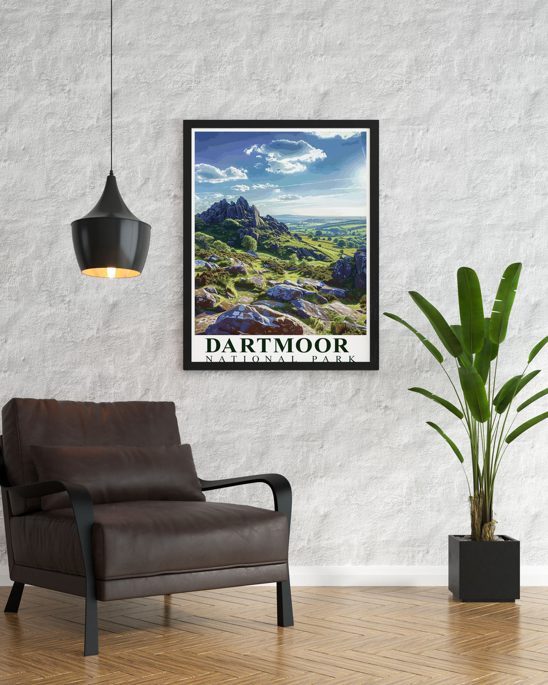 Vintage poster highlighting the serene views of Dartmoor, featuring the parks iconic ponies and dramatic rock formations, ideal for those who appreciate the wild beauty of the UKs national parks.