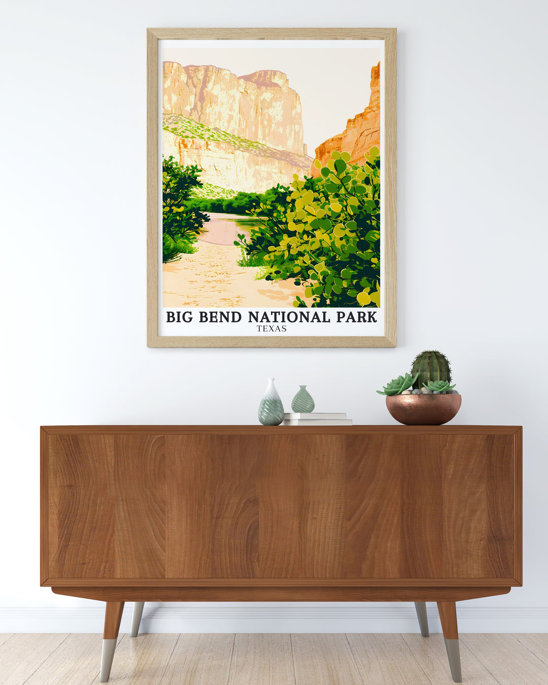 Big Bend Texas USA National Park poster features the iconic Rio Grande River South Rim cliffs and Chisos Mountains making it an ideal framed print for adding a touch of nature inspired elegance to your home or office decor