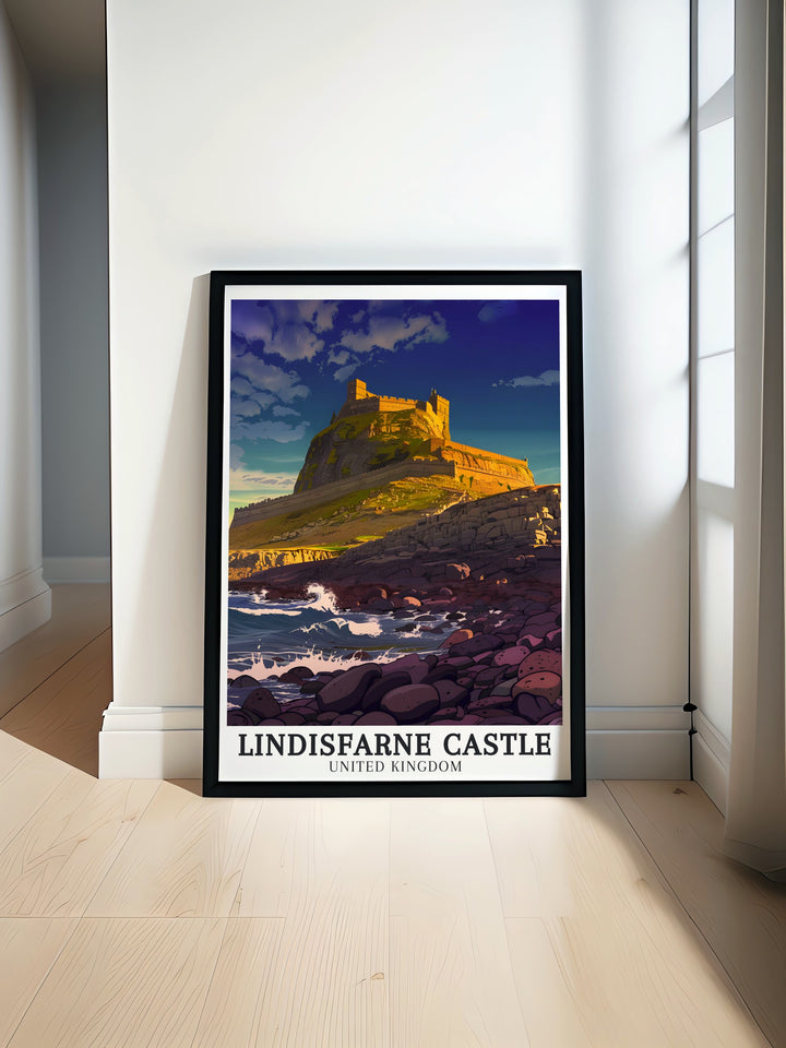 Holy Island Vintage Poster combining retro design elements with the timeless beauty of Lindisfarne Castle. This poster evokes the golden age of travel, making it an ideal piece for those who appreciate vintage inspired decor and British history.