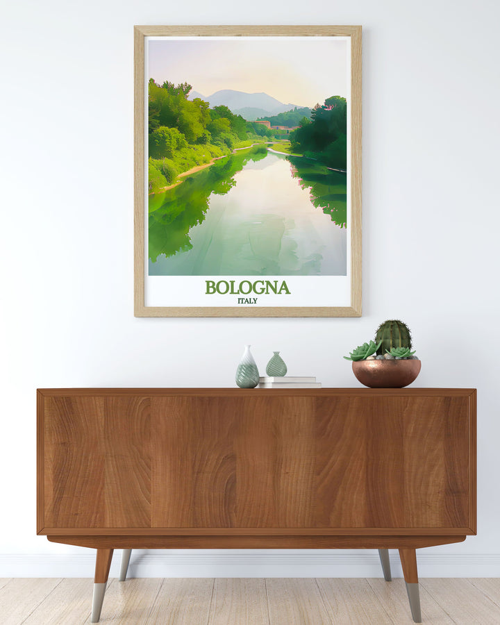 Beautiful Bologna travel poster capturing the vibrant streets and picturesque river of the Reno River, perfect for enhancing your home or office with Italys iconic landmarks.