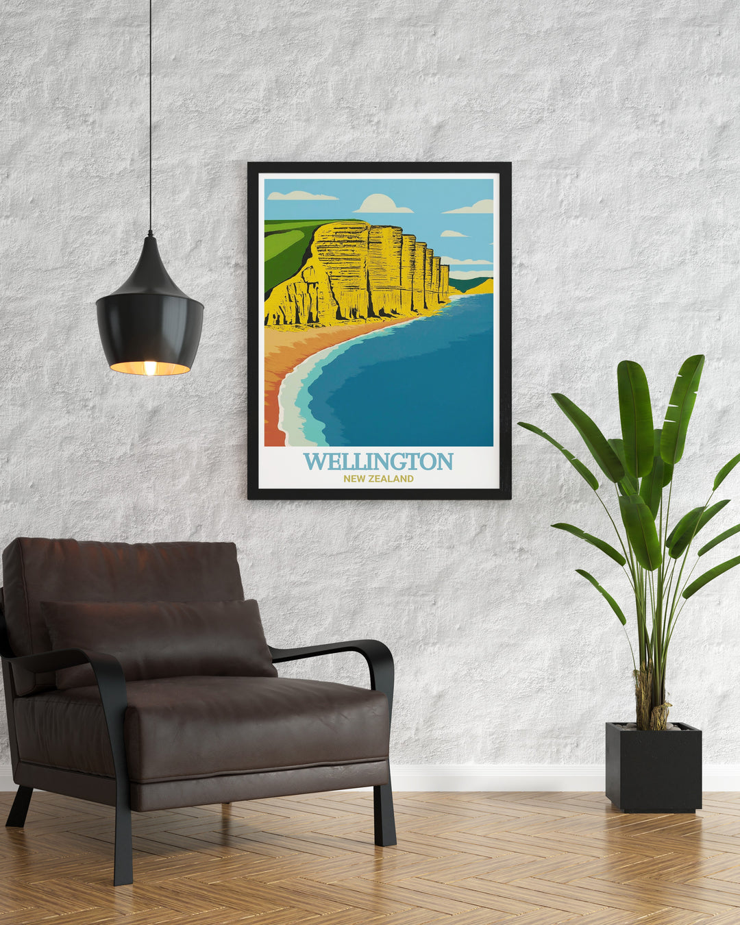 Travel print of the Jurassic Coasts West Bay, highlighting the picturesque scenery where golden cliffs rise above the English Channel. This England wall art is ideal for those who love coastal landscapes and Englands natural beauty.