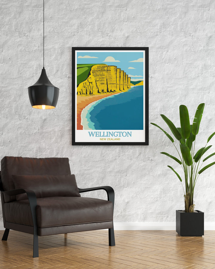 Travel print of the Jurassic Coasts West Bay, highlighting the picturesque scenery where golden cliffs rise above the English Channel. This England wall art is ideal for those who love coastal landscapes and Englands natural beauty.