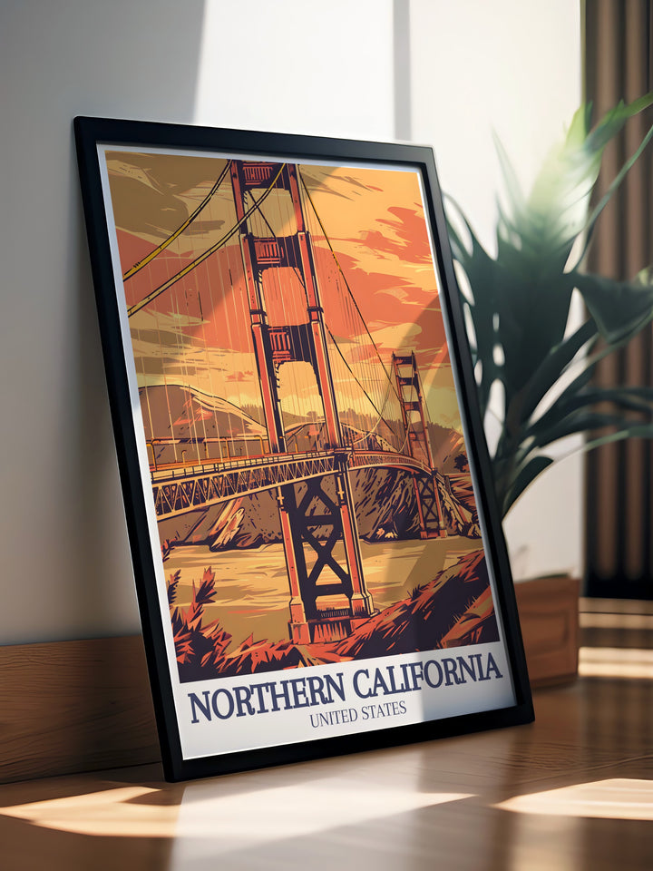 Redwood State Park Travel Poster features the iconic sequoia trees and the Golden Gate Bridge, offering a glimpse into Northern Californias stunning natural and urban landscapes. This framed print is perfect for anyone looking to add a vintage travel print to their home or office décor.