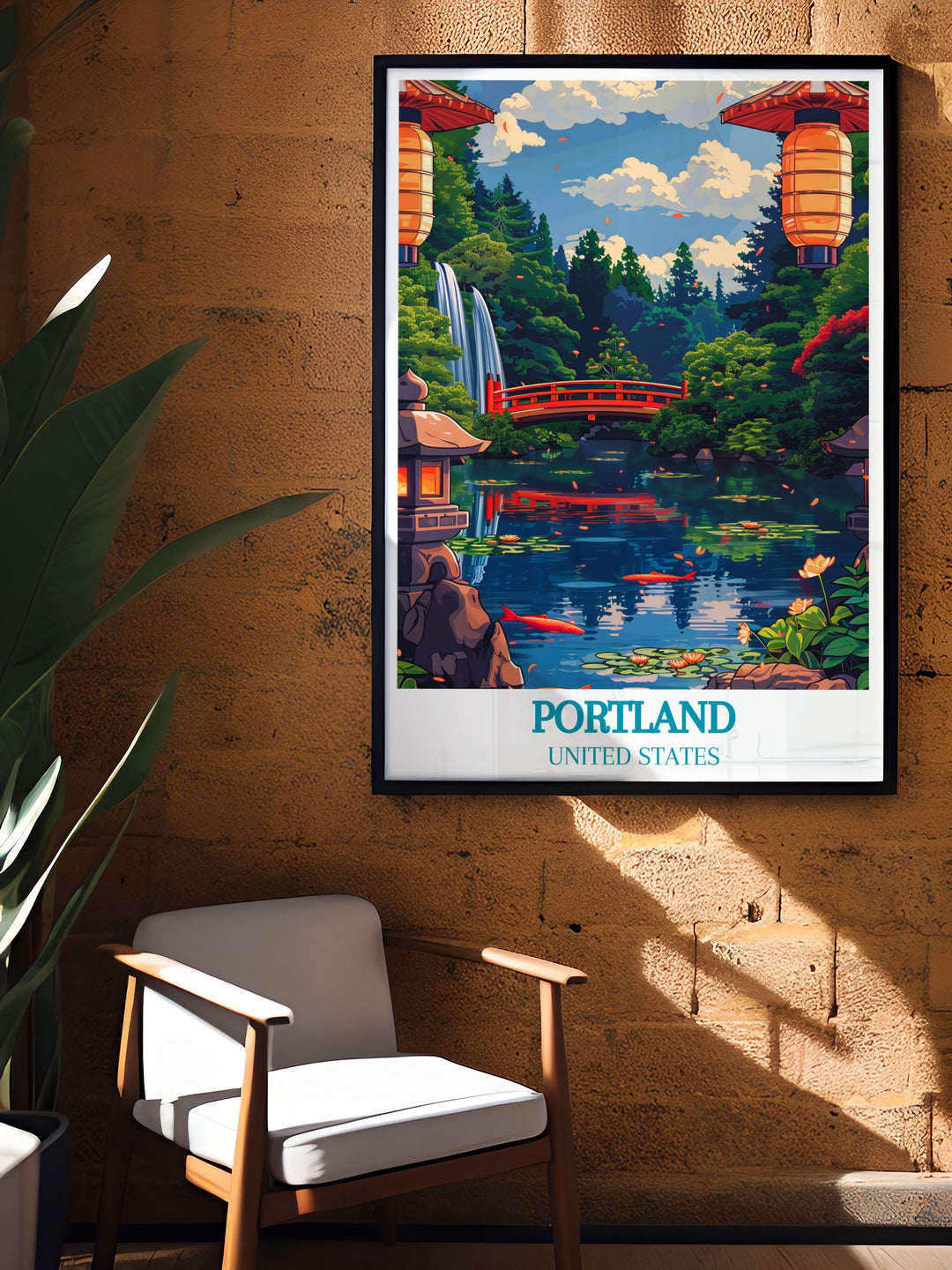 High quality Portland Japanese Garden art print showcasing the beauty of Portland Oregons iconic garden with fine line details and stylish decor