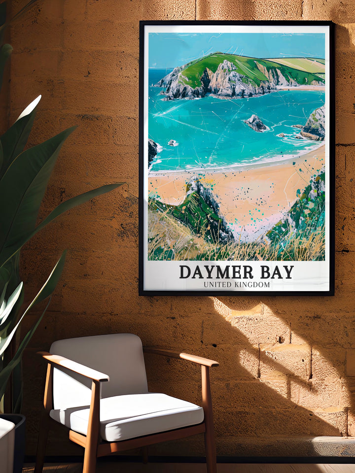 Daymer Bays crystal clear waters and expansive beach are beautifully illustrated in this travel print. The artwork highlights the bays quiet and unspoiled atmosphere, ideal for those seeking a touch of tranquility and natural beauty in their home decor.