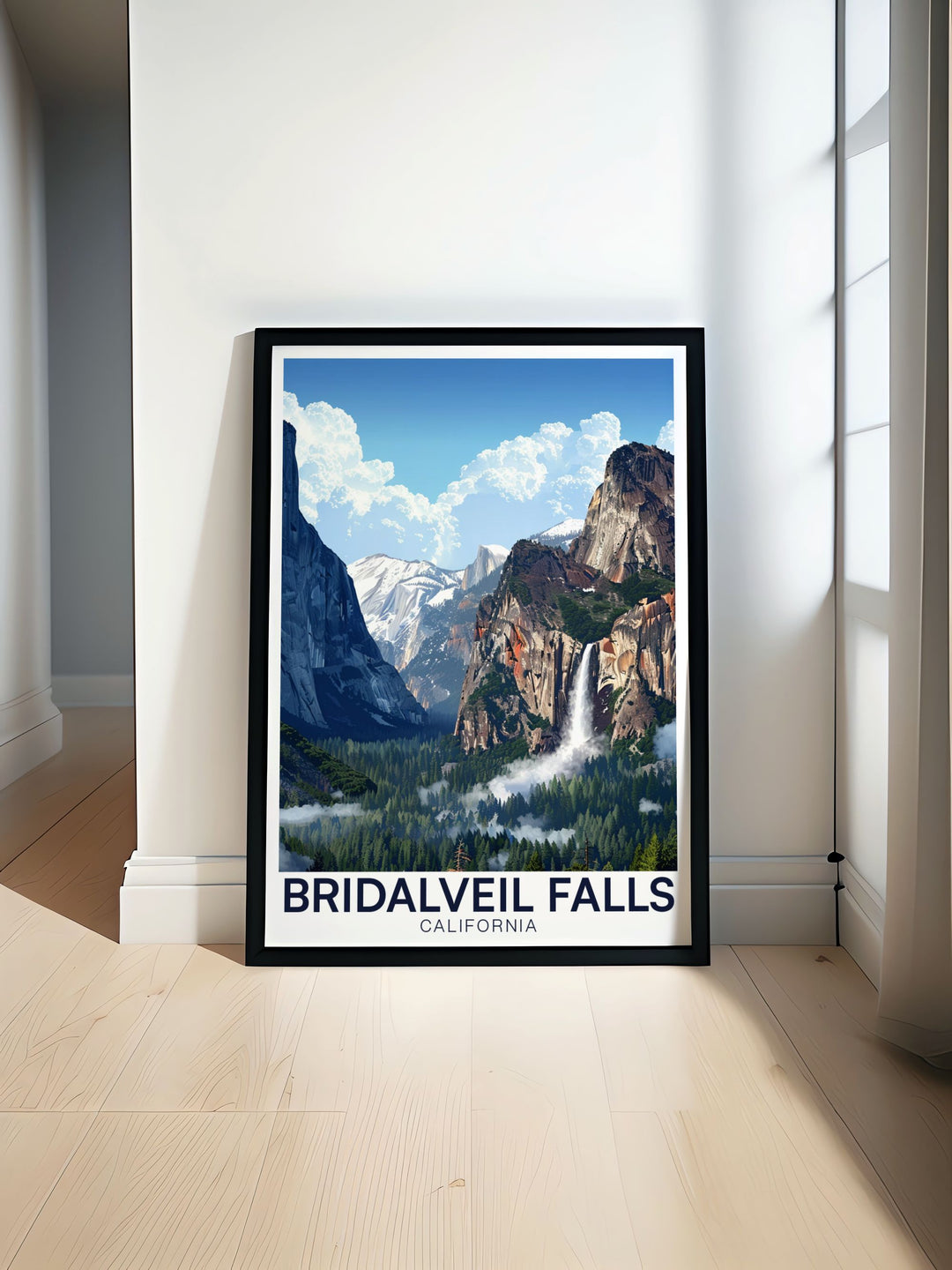 View from Tunnelview poster capturing the stunning Bridalveil Falls in Yosemite National Park perfect for California travel enthusiasts and nature lovers. This California print showcases the beauty of one of the states most iconic landmarks in vibrant detail ideal for home decor.