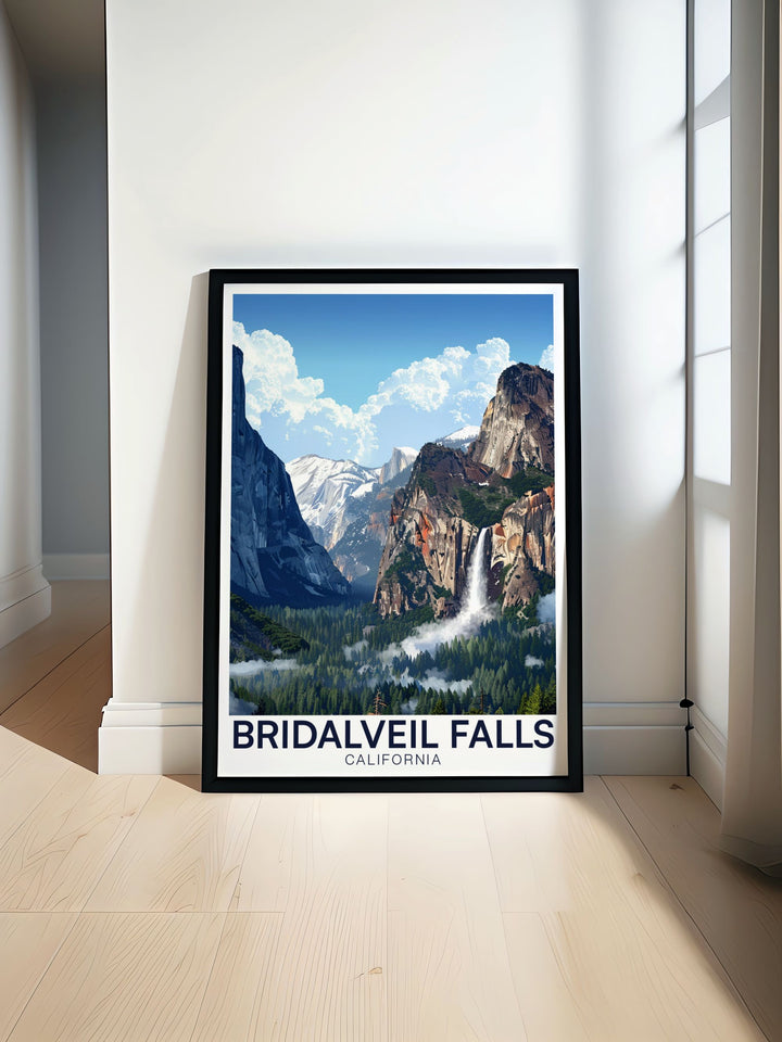 View from Tunnelview poster capturing the stunning Bridalveil Falls in Yosemite National Park perfect for California travel enthusiasts and nature lovers. This California print showcases the beauty of one of the states most iconic landmarks in vibrant detail ideal for home decor.