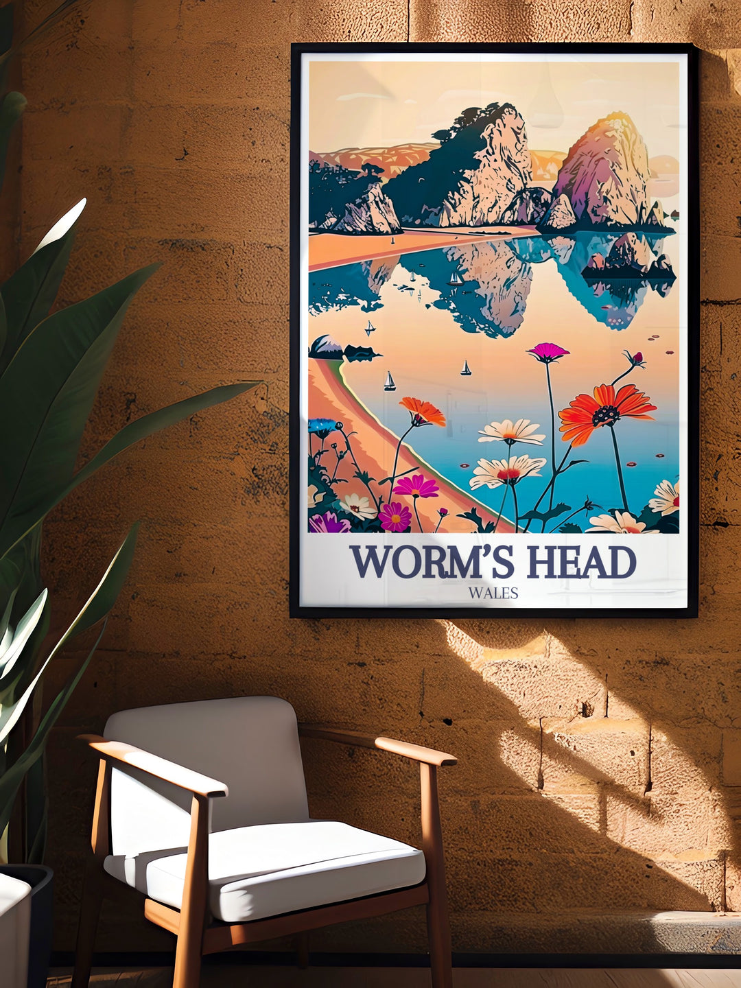 Worms Head Travel Print offers a stunning view of the tidal island, with the iconic Three Cliffs Bay in the background. This UK wall art is perfect for those who appreciate coastal scenery, making it a wonderful addition to any room or a thoughtful gift for travelers.