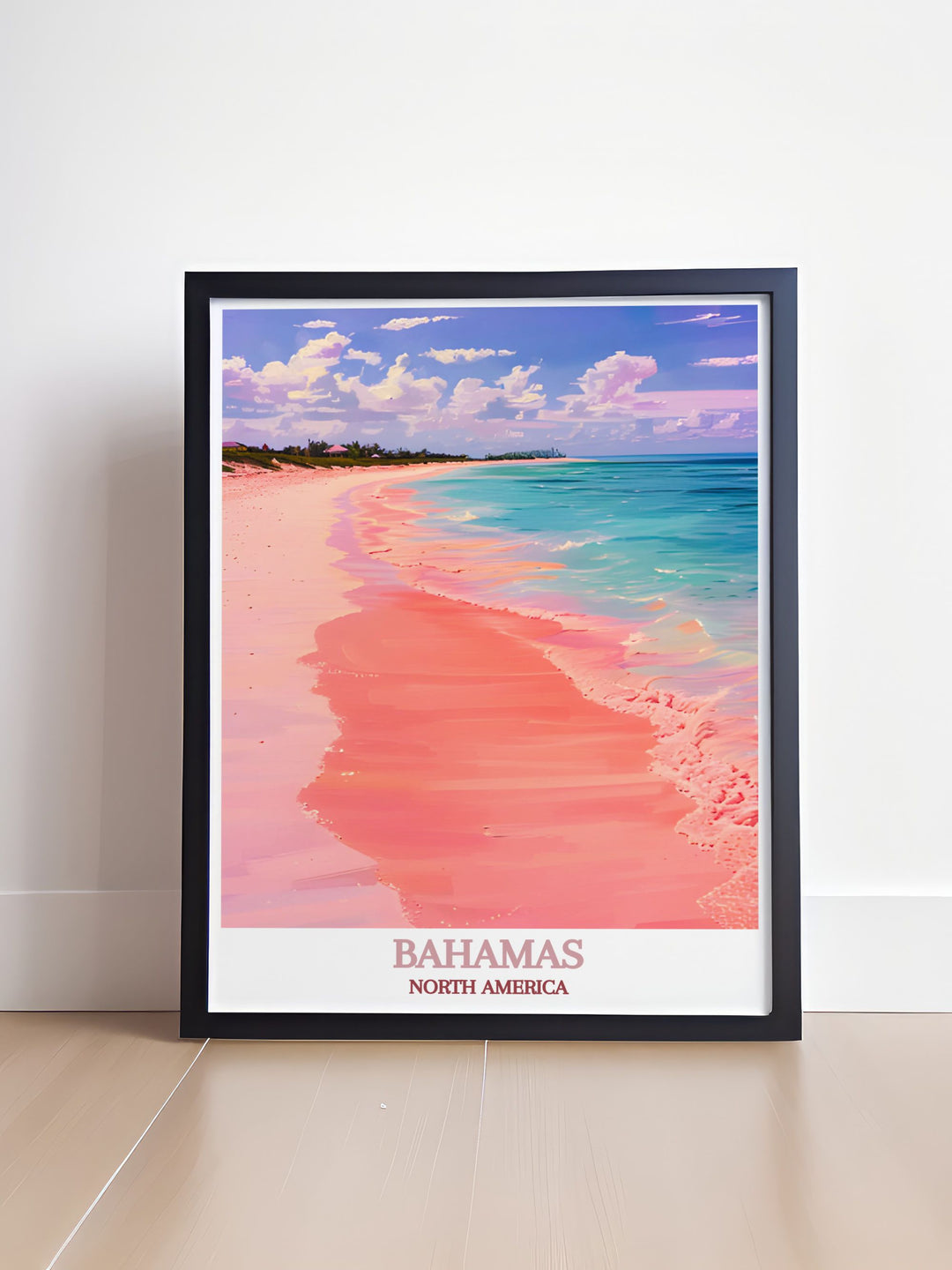 Pink Sand Beach poster depicting the serene beachfront, where the pink sands meet crystal clear waters, creating a tranquil viewing experience.