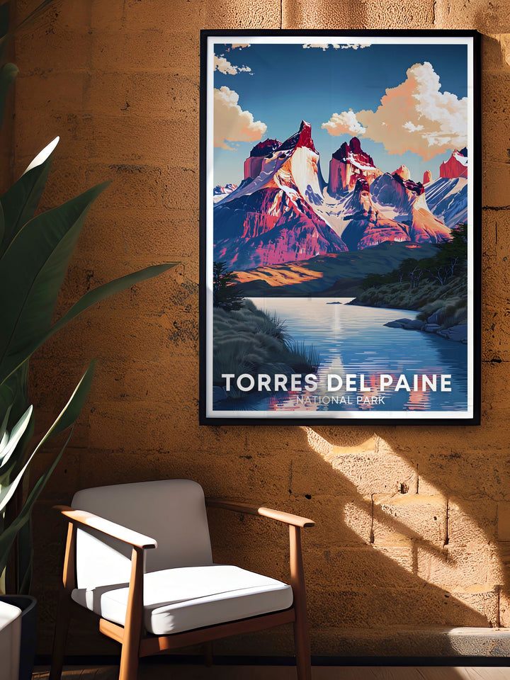 Bucket list print featuring the iconic Cuernos del Paine in Torres del Paine National Park, Patagonia Chile. This retro travel poster is ideal for those who dream of exploring South Americas natural wonders and adding a unique touch to their home decor.